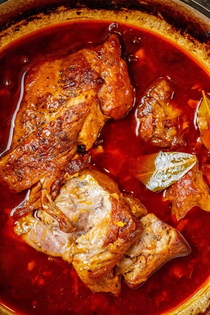 after 3 hours, remove from oven, and remove pork and bay leaves