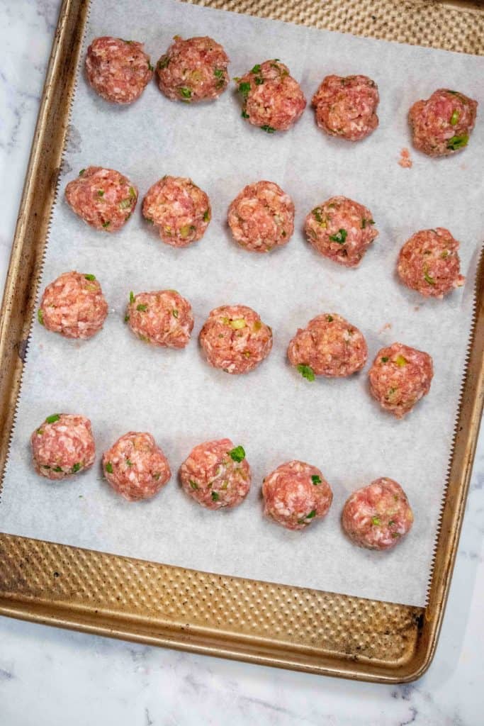combine meatball ingredients, then form into 2" balls