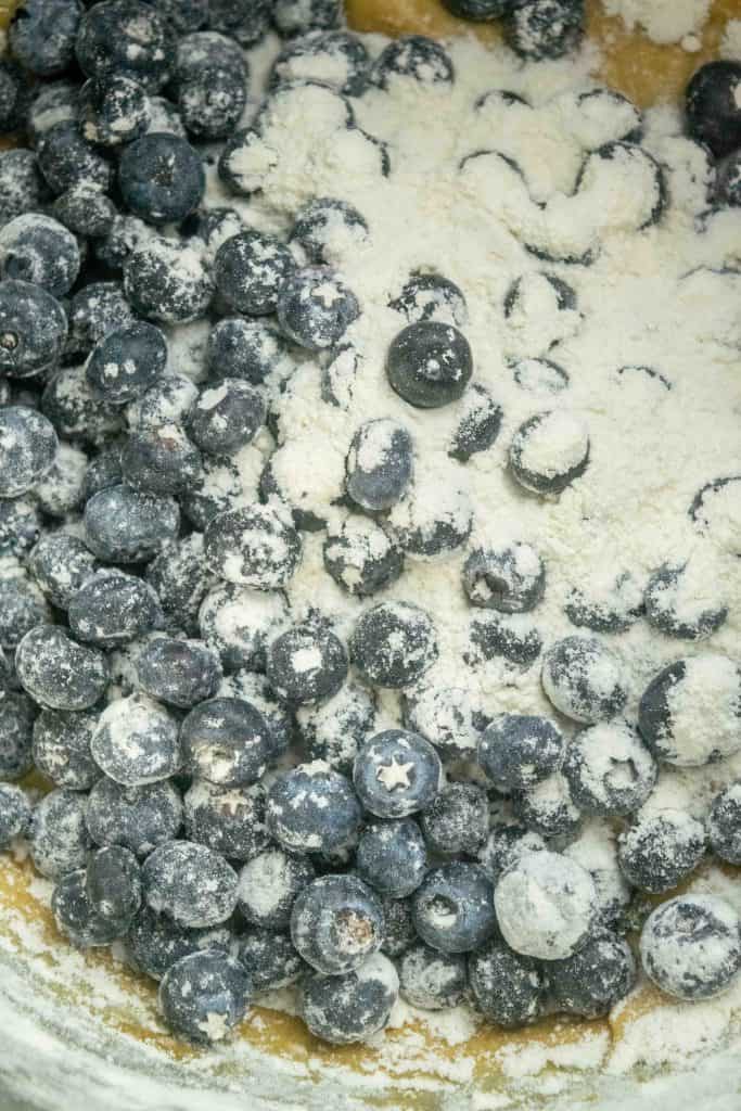 toss blueberries in flour, and add to the bowl