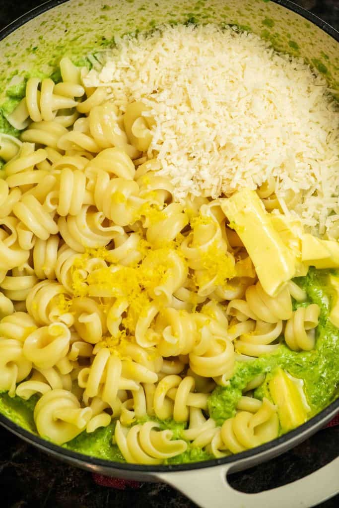 add cooked pasta, butter, cheese, lemon zest and lemon juice to the pot