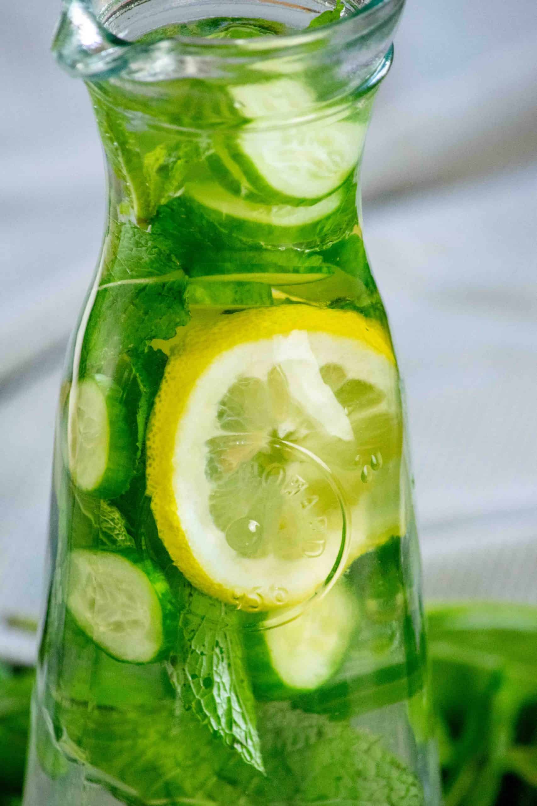 cucumber lemon mint water recipe in carafe