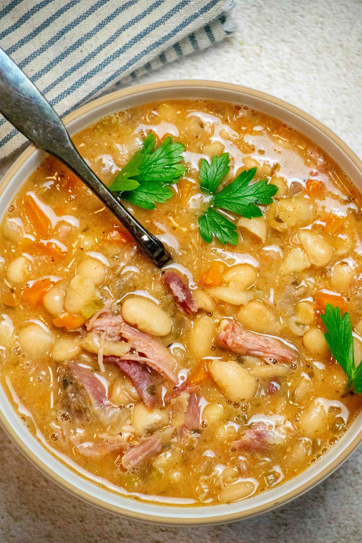 Hearty ham bone soup with tender beans, vegetables and pieces of smoky ham.