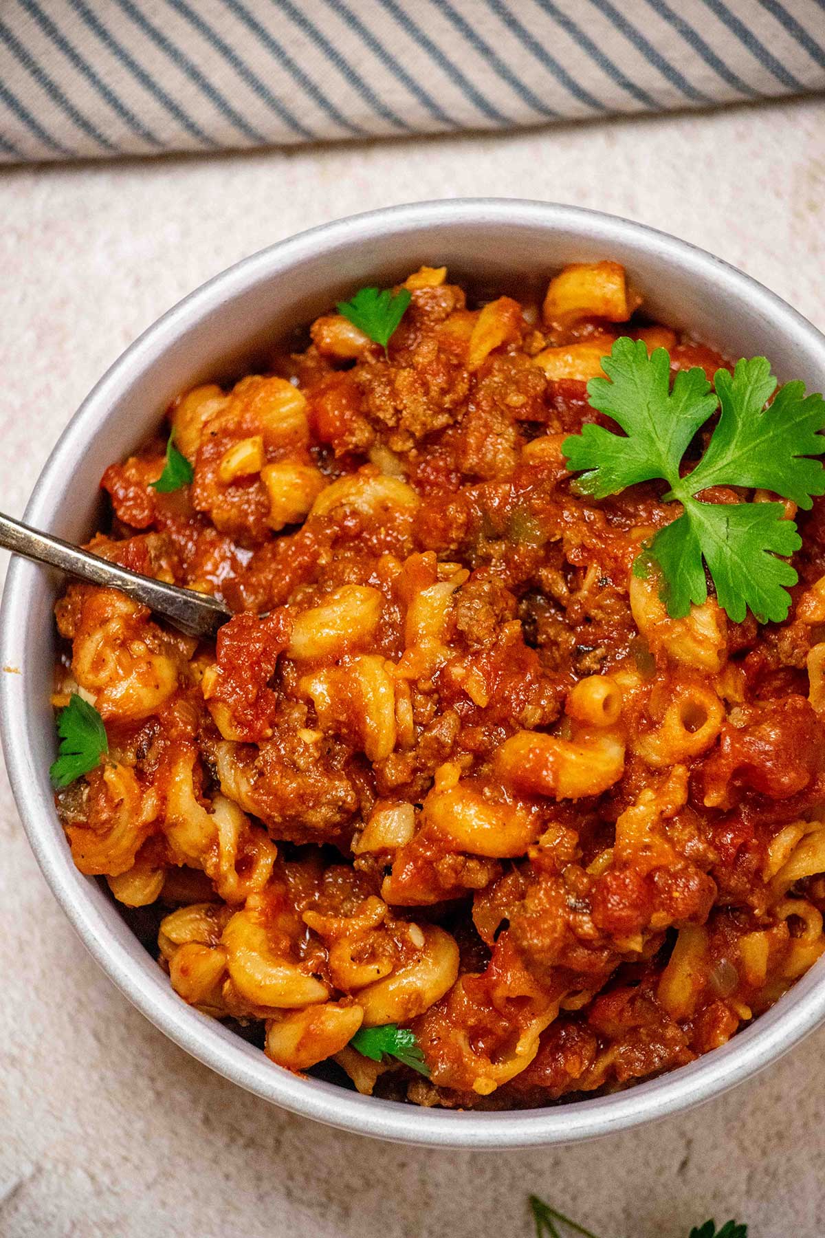 Overhead view of Crockpot Goulash Recipe in a bowl.