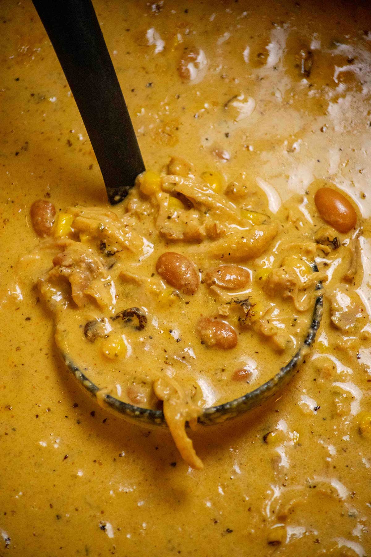 Creamy chicken poblano soup being ladled from a large soup pot.