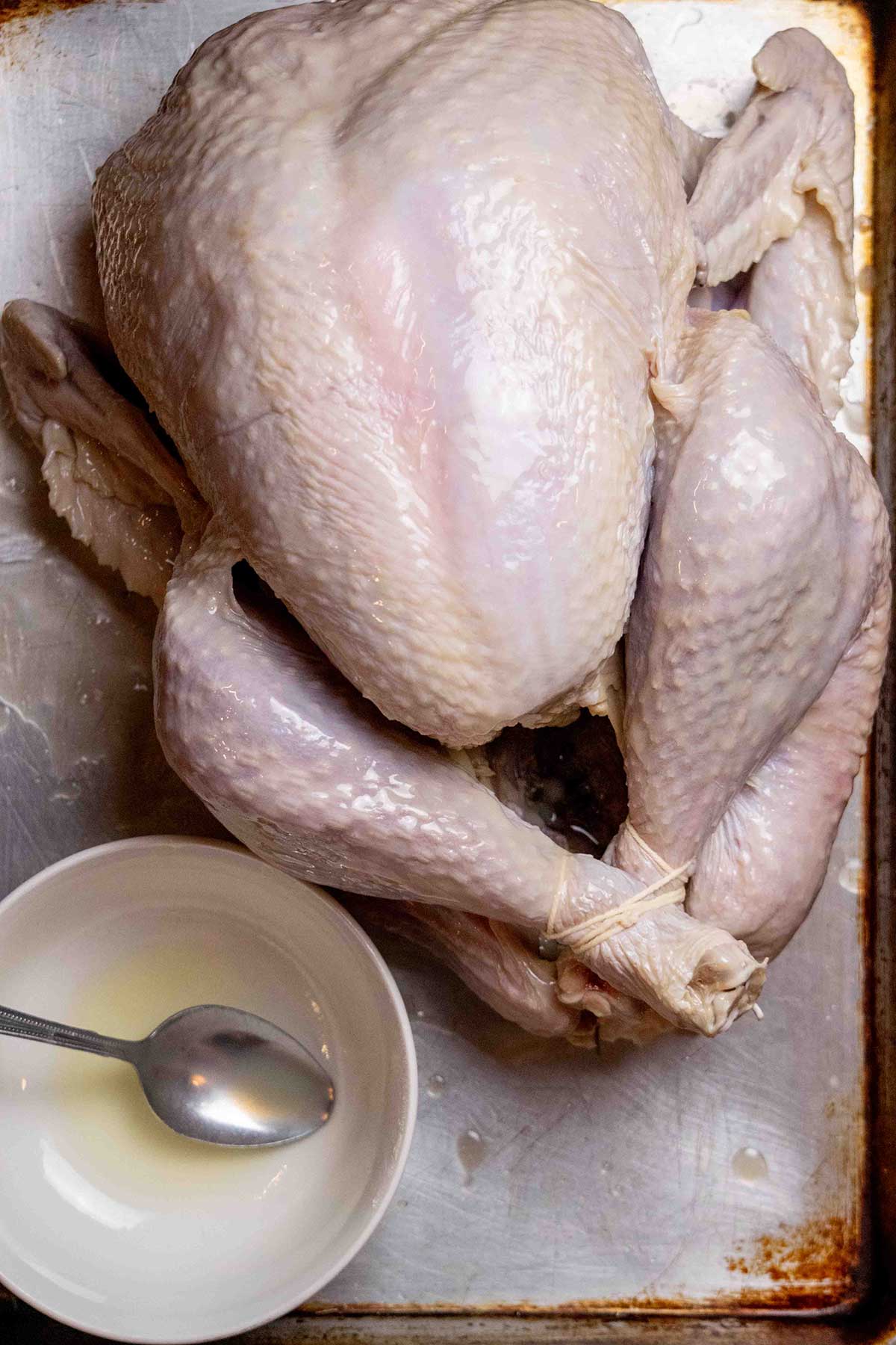 Dry the turkey. Remove the turkey from the brine and pat it very dry with paper towels. Coat the outside with melted butter, olive oil, or duck fat.