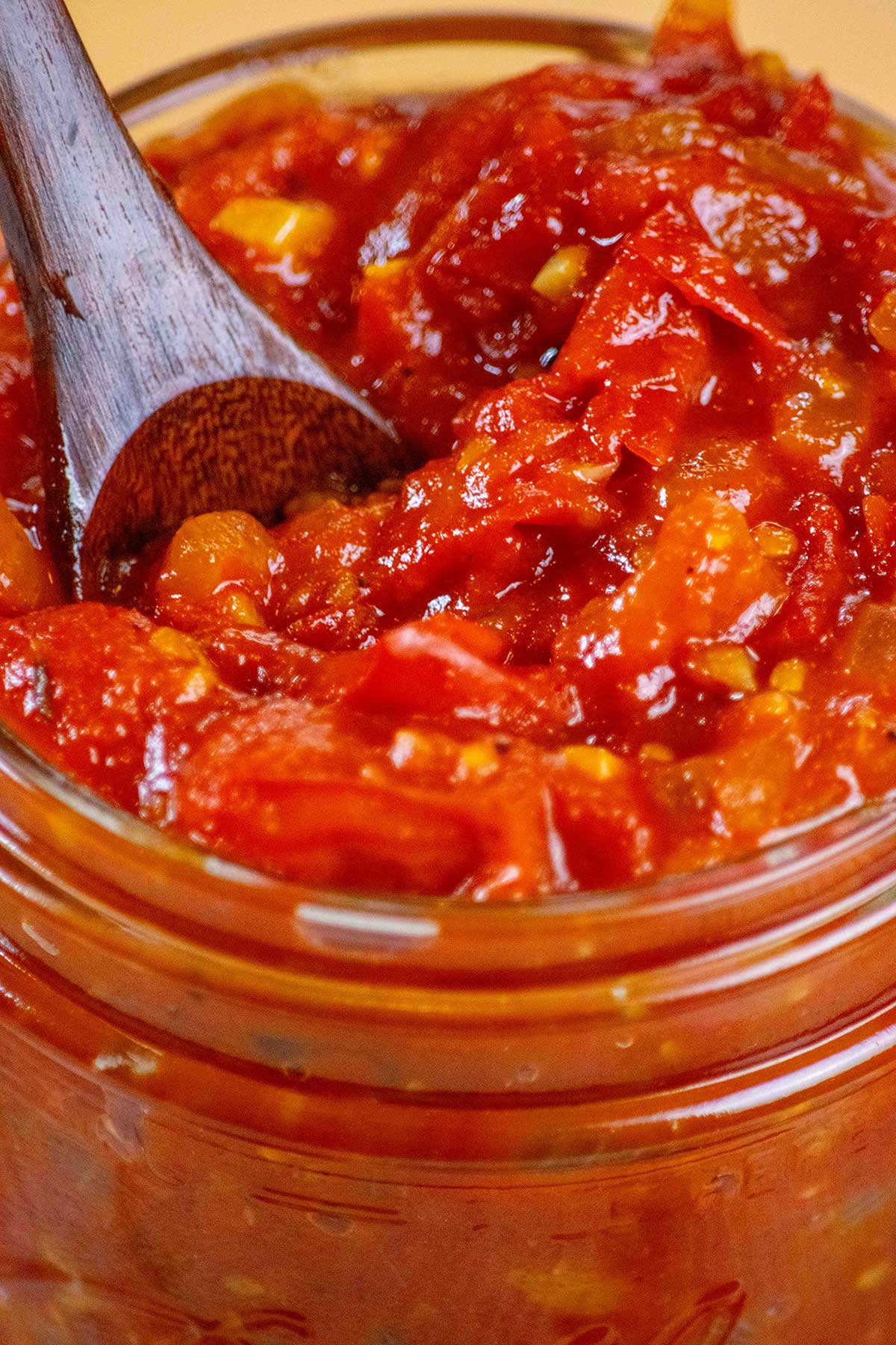 Closeup view of tomato jam texture. 
