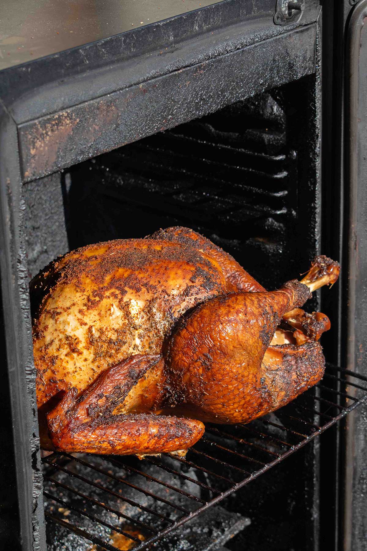 Whole smoked turkey with golden brown skin cooking on a rack in an electric smoker.