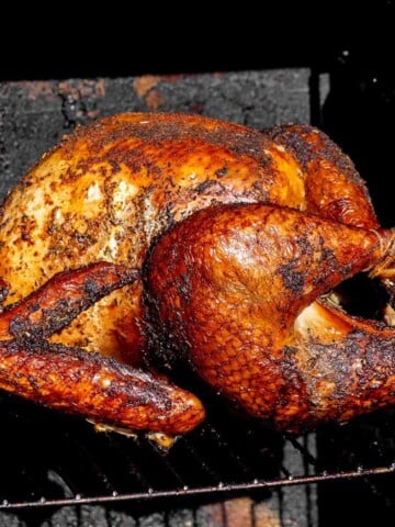 Whole smoked turkey with crispy, deeply browned skin cooking on a rack in an electric smoker.
