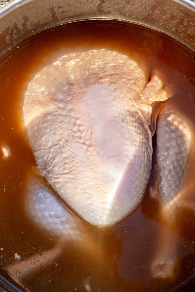 Once cooled, at the water and brine the turkey for 24 hours