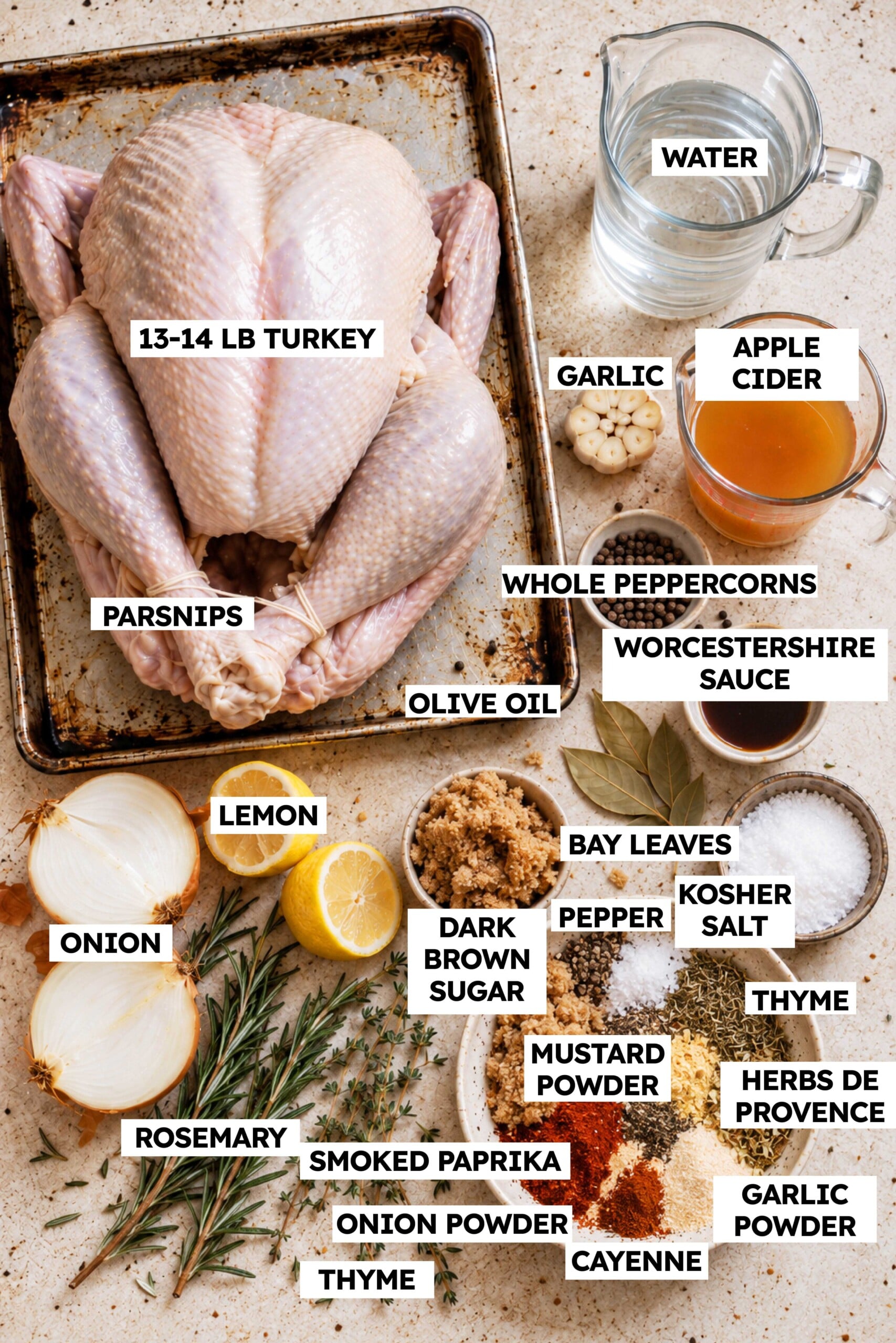 Whole smoked turkey ingredients including raw turkey, apple cider, herbs, spices, onion, lemon, garlic, and Worcestershire sauce.