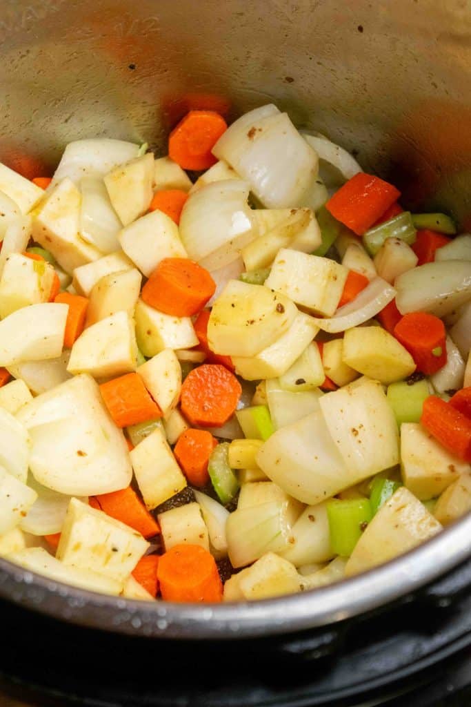 after beef is all browned, saute onions, carrots, celery, and parsnips for 3-4 minutes