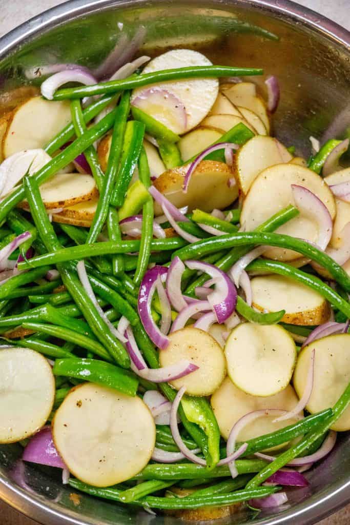 toss your veggies with olive oil, vinegar, brown sugar, and salt and pepper