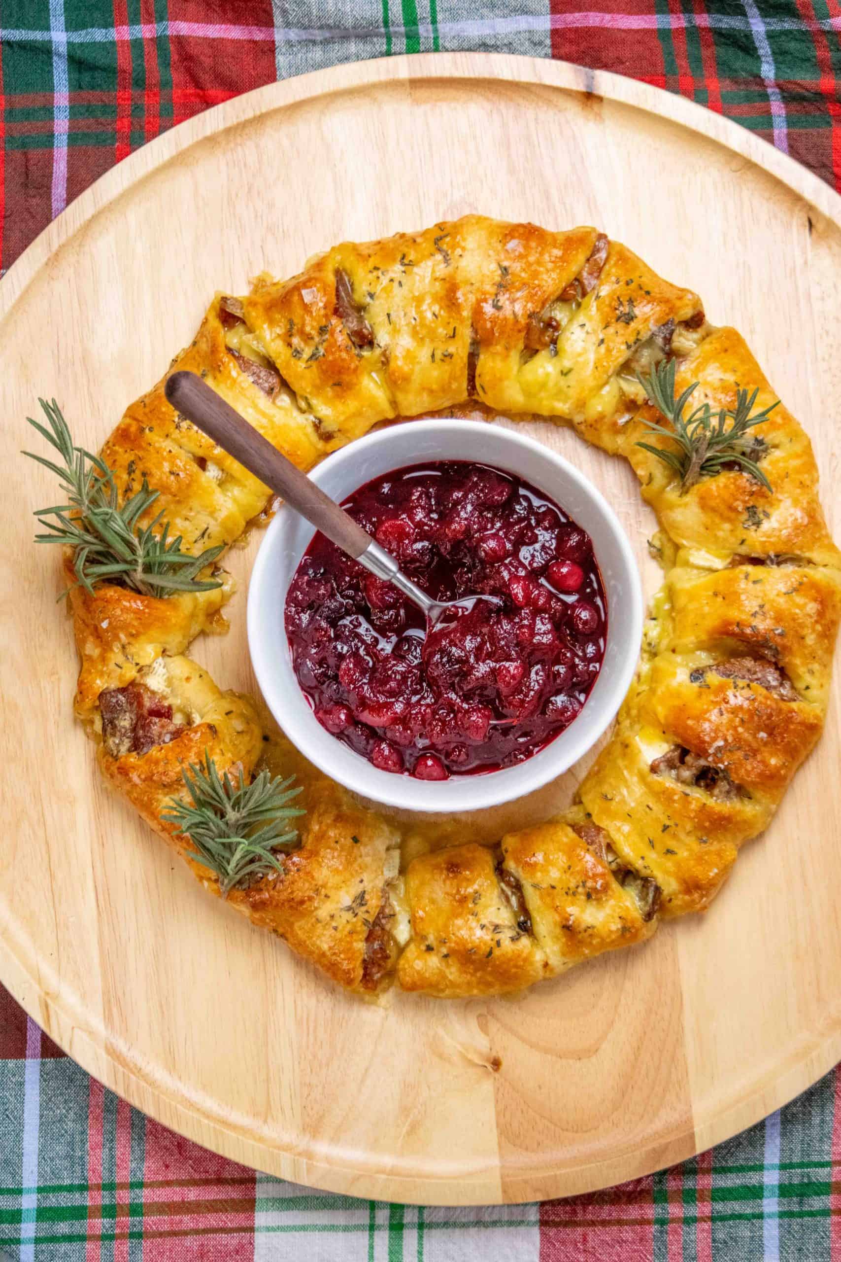 Bacon Brie Crescent Wreath with Cranberry Compote