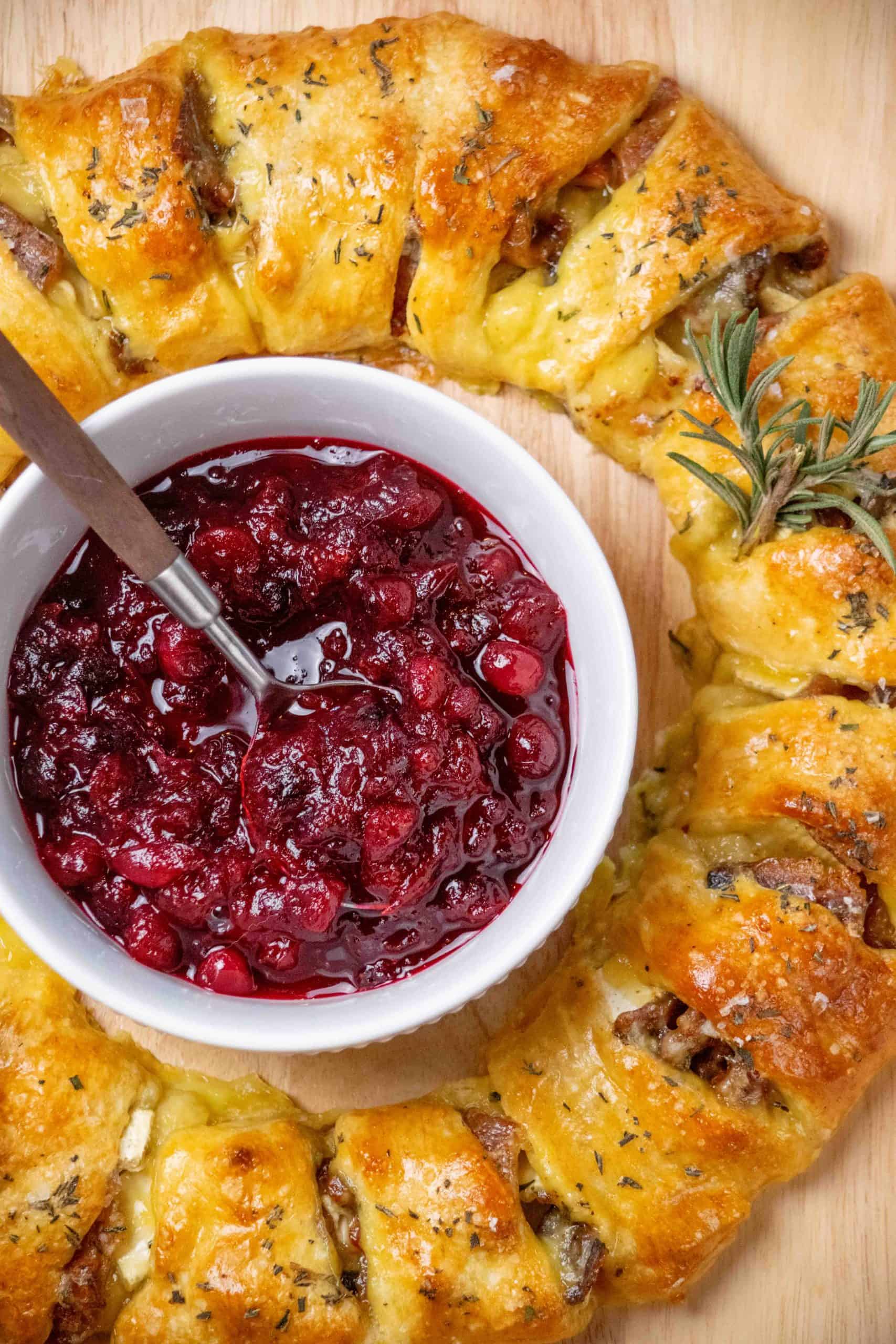 Bacon Brie Crescent Wreath with Cranberry Compote