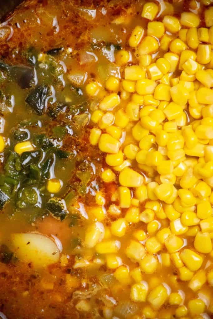 Add corn and chopped peppers and simmer 5 minutes more