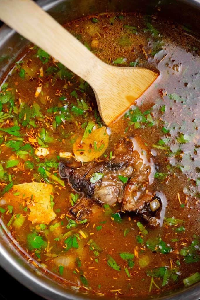 add stock, cover, and cook on high pressure