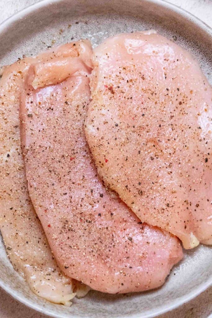 Prep the chicken season with salt and pepper, and set aside 
