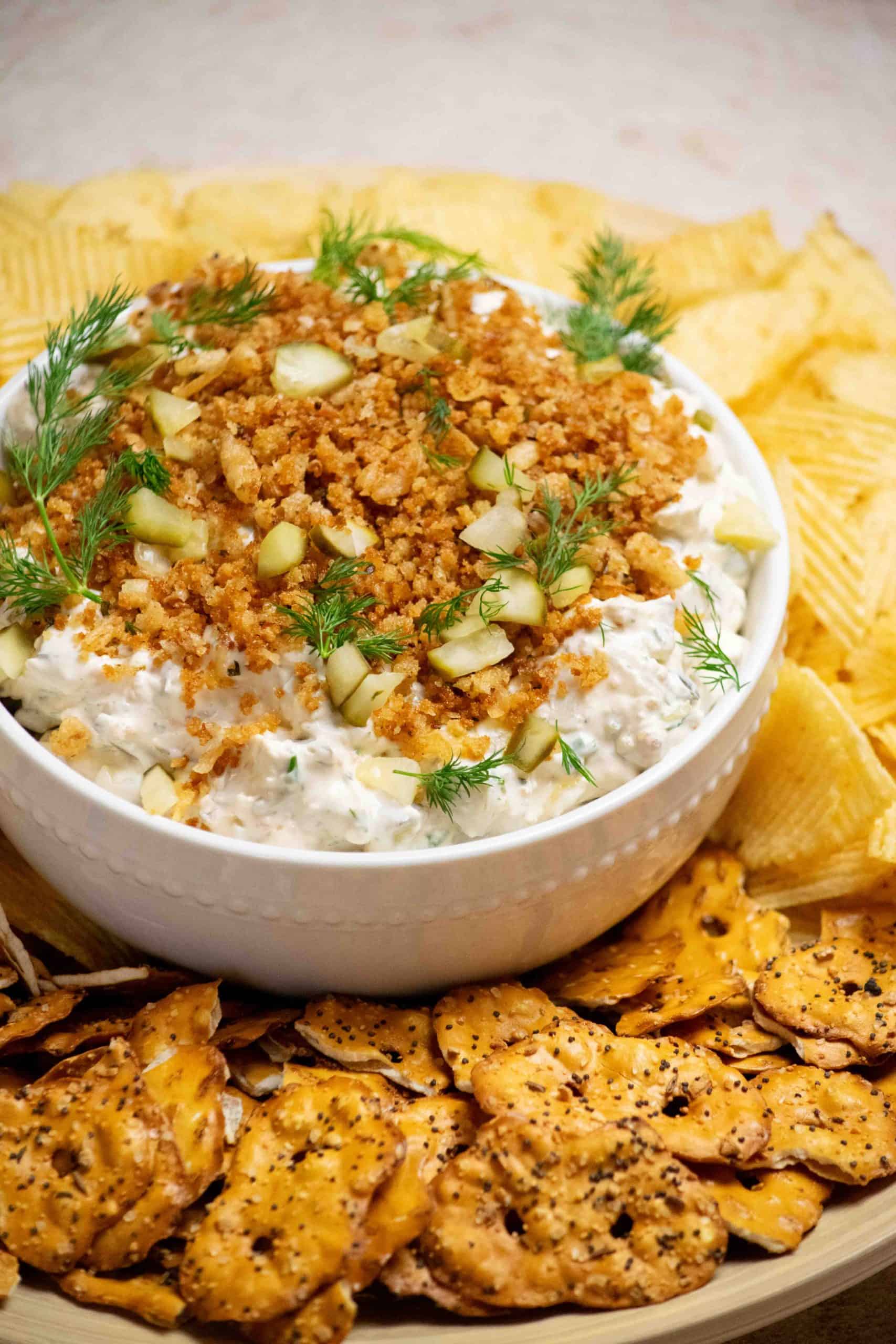 Ranch Fried Pickle Dip with Crispy Onion Topping