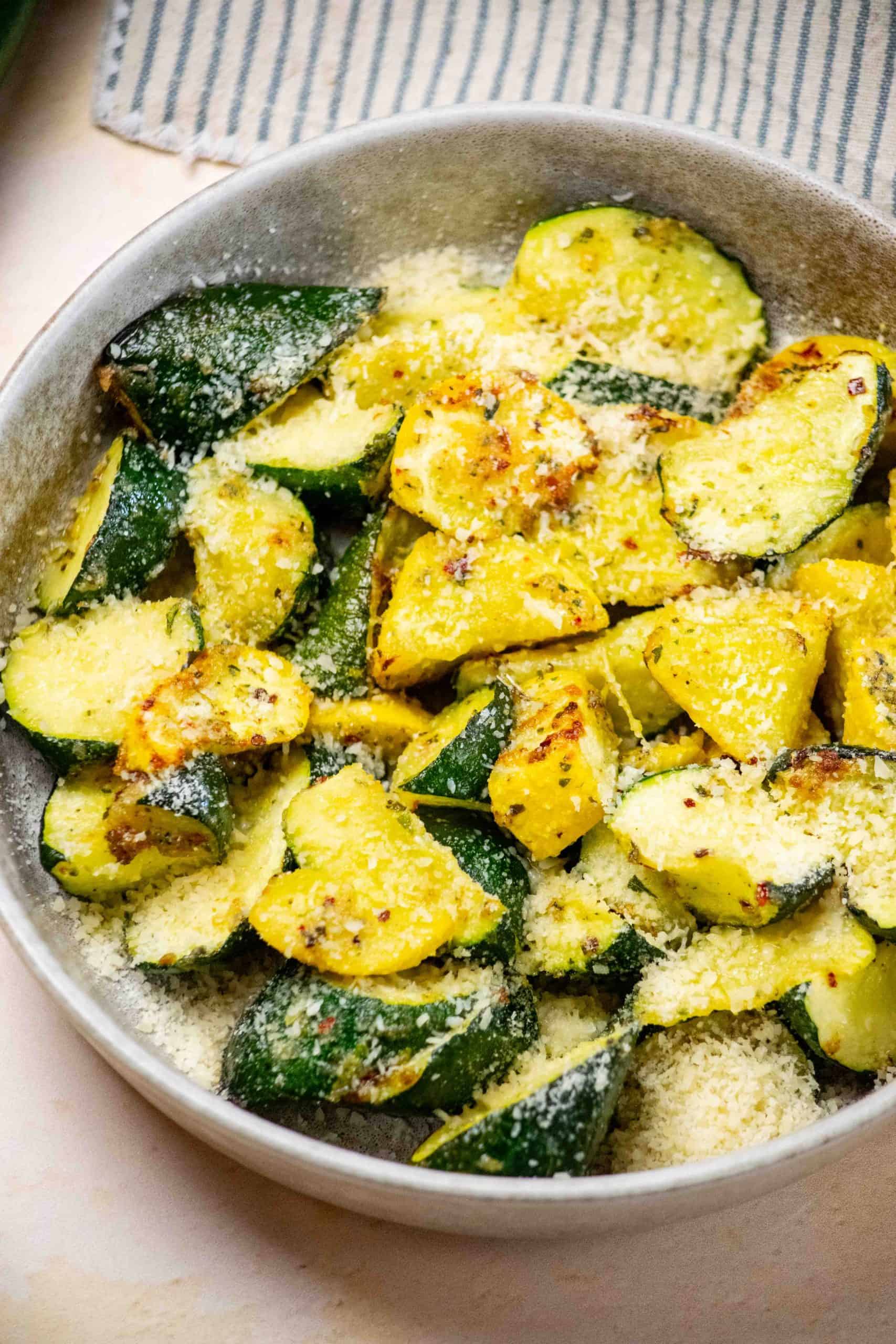 Air fryer squash and zucchini in serving bowl