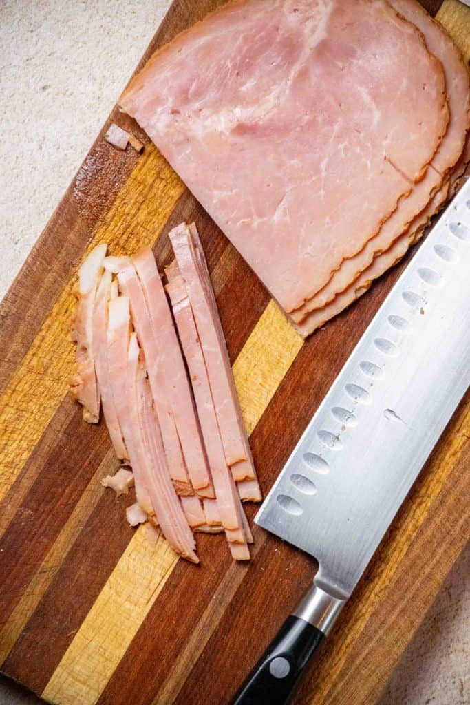 thinly slice ham into strips