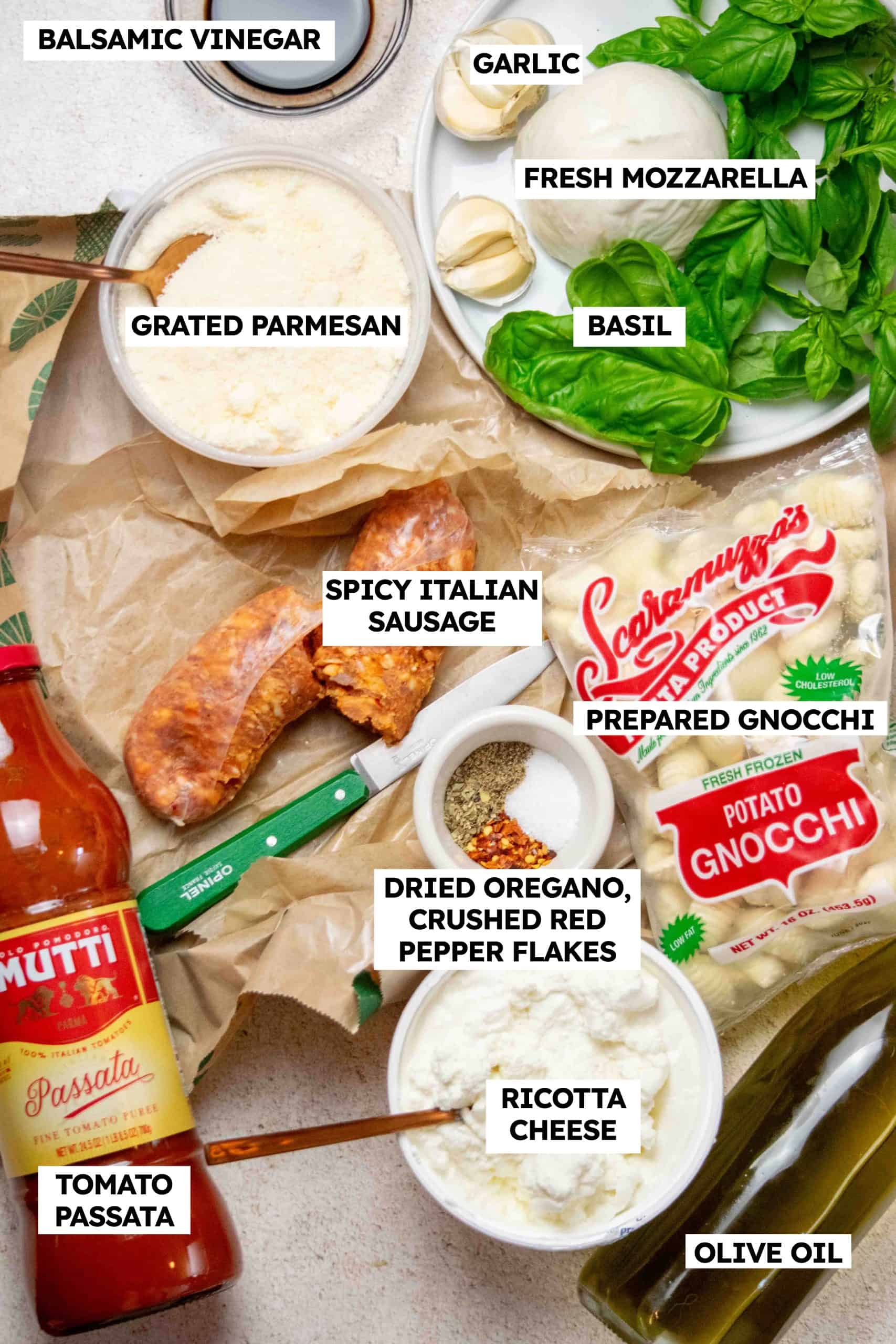 Three Cheese Baked Gnocchi Al Forno with Sausage ingredients 