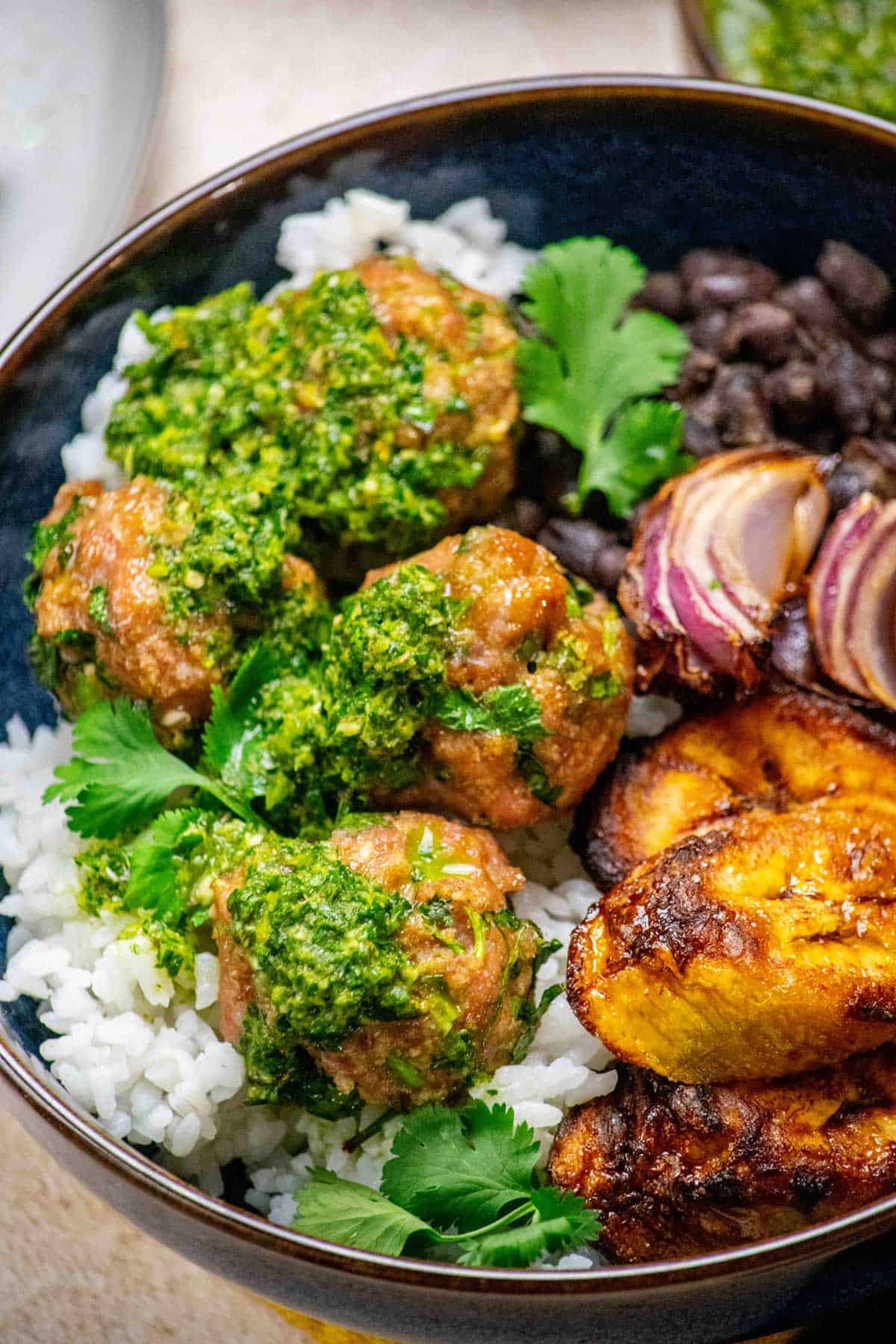 Mojo Meatballs with Air Fryer Plantains and Beans