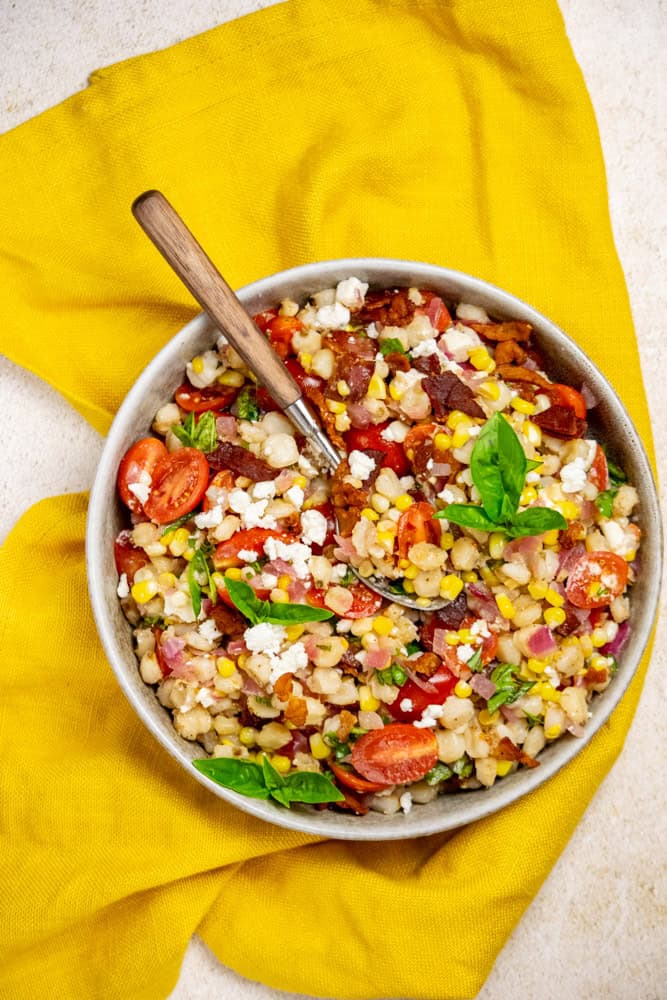 Hominy Salad with Corn and Warm Bacon Vinaigrette