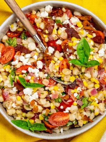 Hominy Salad with Corn and Warm Bacon Vinaigrette