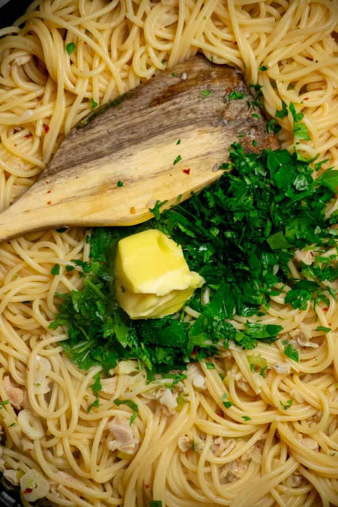turn off heat and fold in butter, parsley, and lemon juice