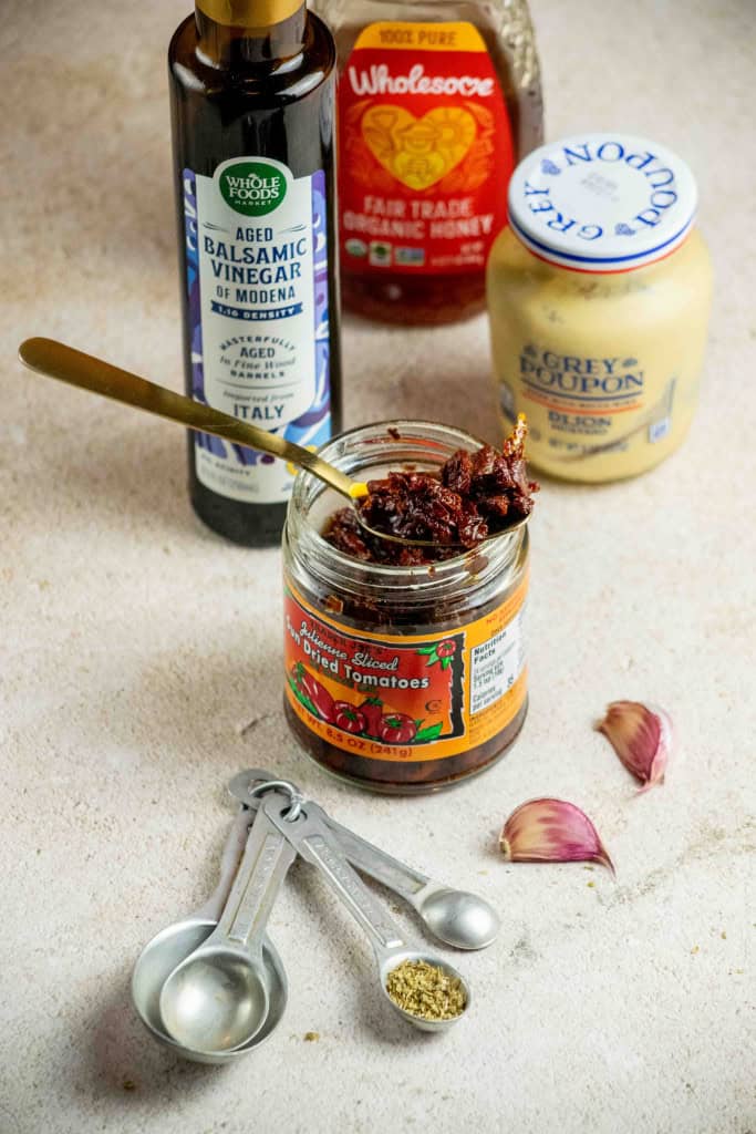 gather your dressing ingredients and make the Sun Dried Tomato Vinaigrette