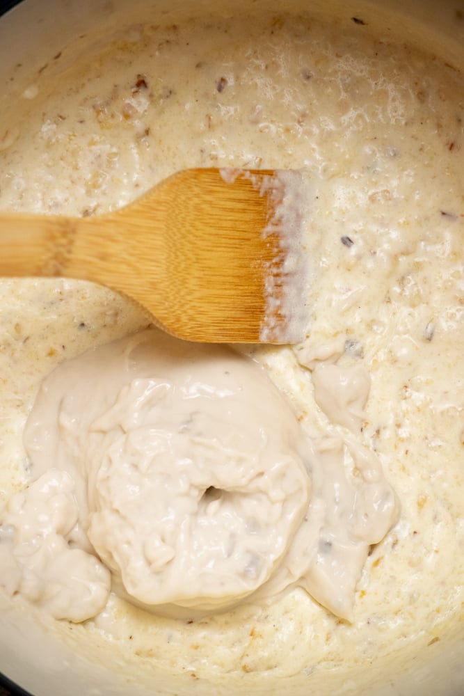 stir in cream of mushroom, and turn off heat