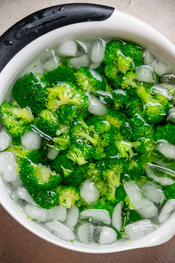 cook broccoli in a large pot of boiling water, transfer to an ice bath, and drain well