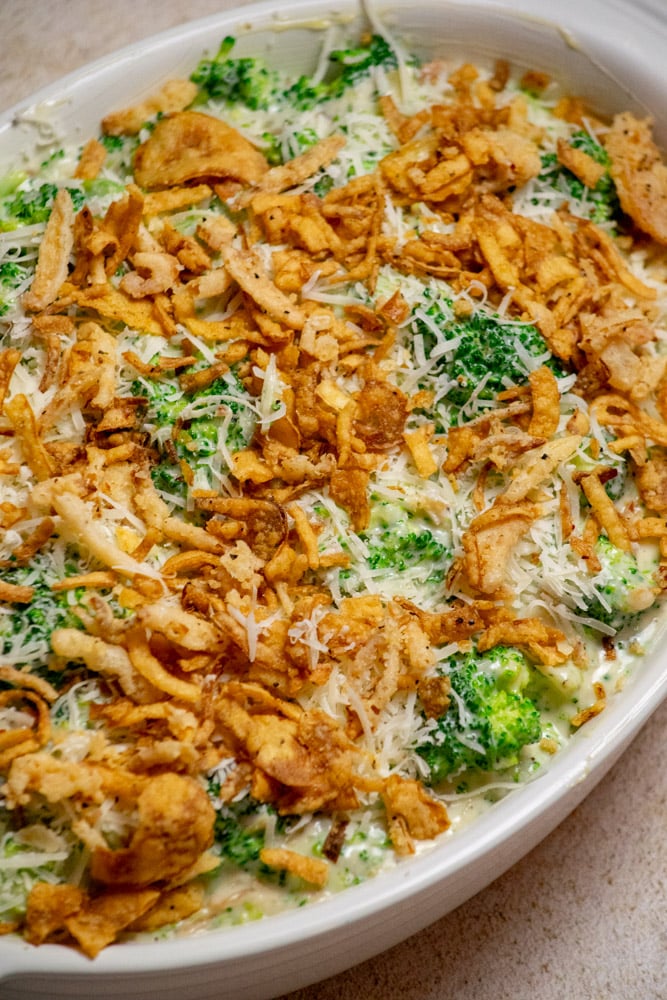 top with remaining crispy onions and bake