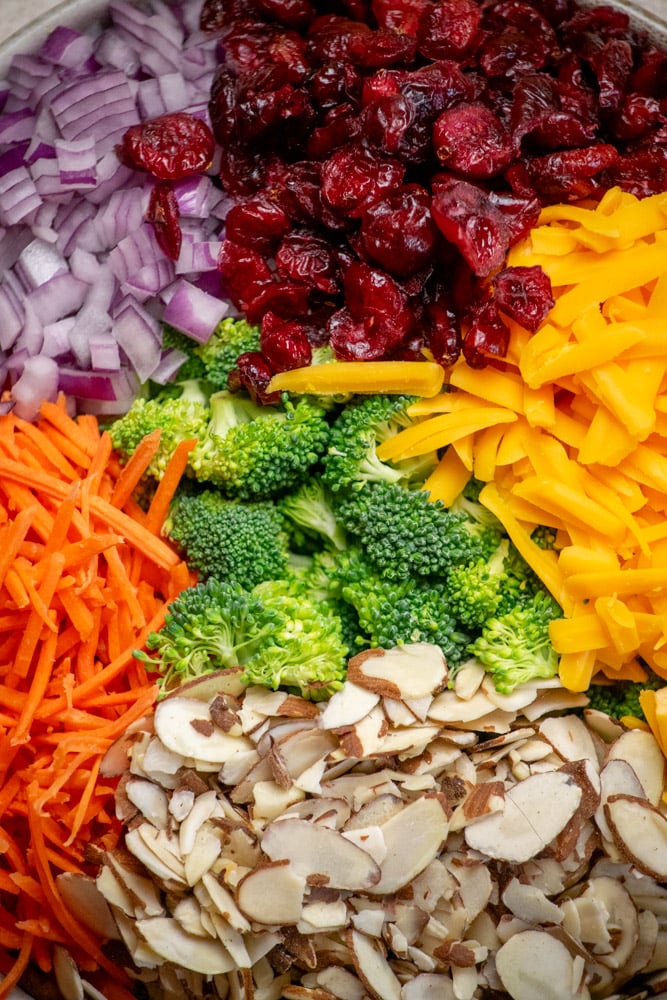 prep salad ingredients and add to a large bowl