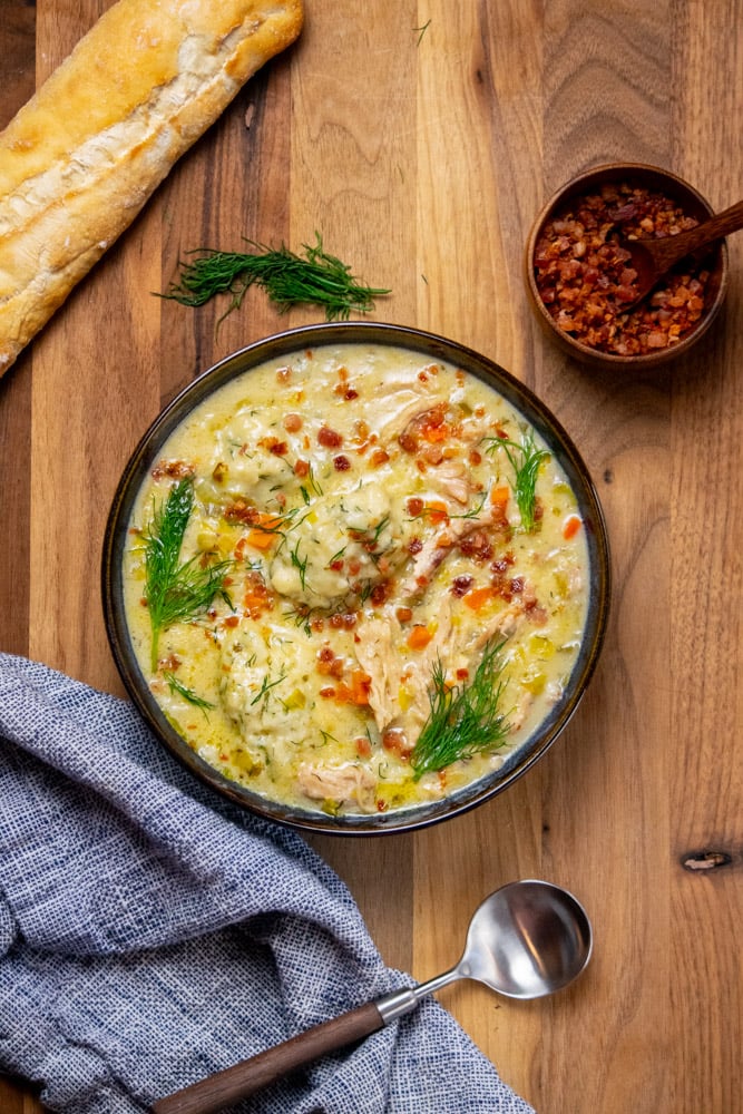 Chicken and Dumpling Soup with Dill and Pancetta