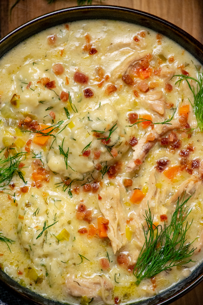 Chicken and Dumpling Soup with dill and crispy pancetta topping -Chicken and Dumpling Soup with dill and crispy pancetta topping