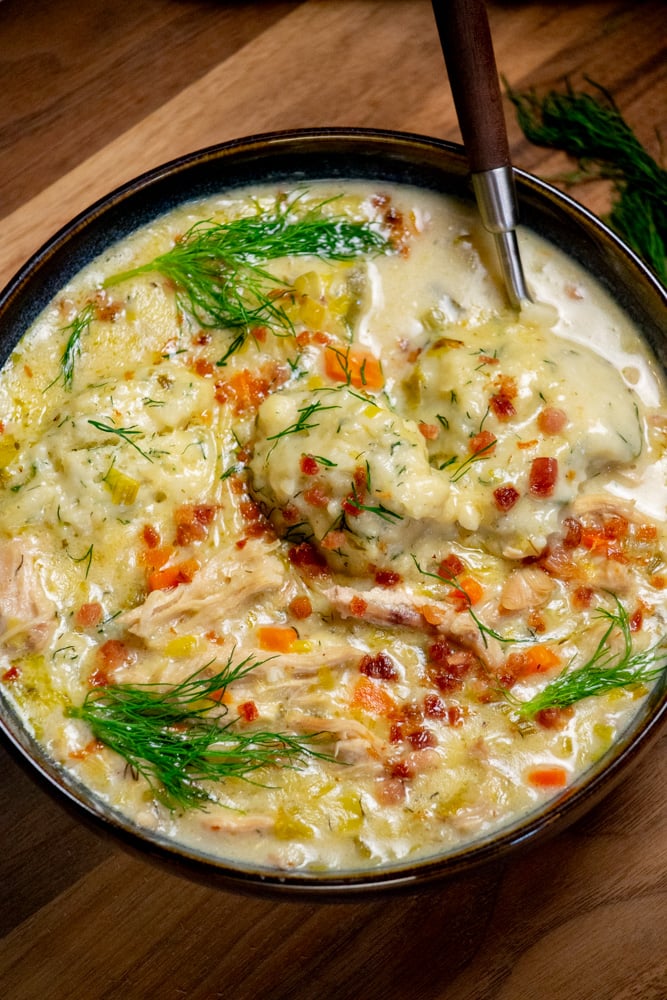 Chicken and Dumpling Soup with Dill and Pancetta