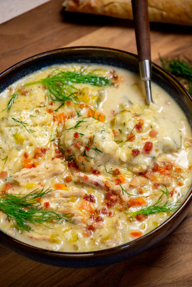 Chicken and Dumpling Soup with dill and crispy pancetta topping -Chicken and Dumpling Soup with dill and crispy pancetta topping