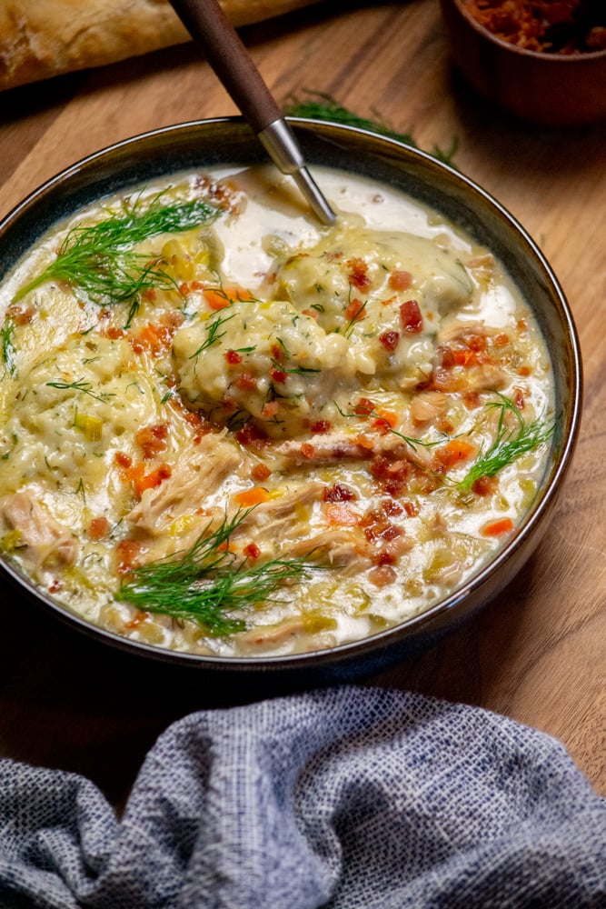 Chicken and Dumpling Soup with Dill and Pancetta