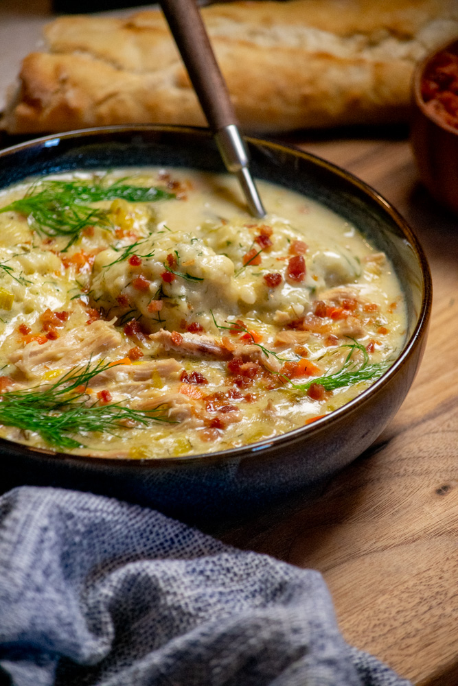 Chicken and Dumpling Soup with Dill and Pancetta