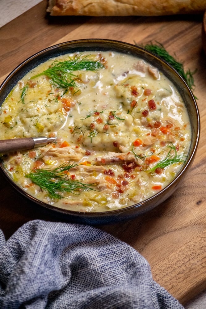 Chicken and Dumpling Soup with Dill and Pancetta