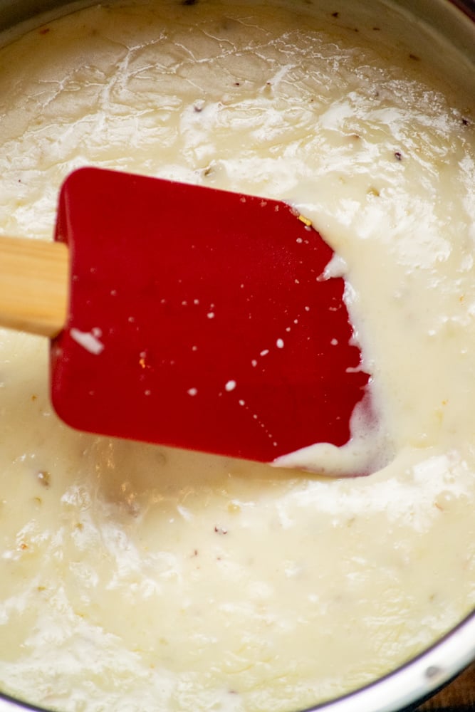 Preheat your oven, and make the white sauce, and set aside off the heat to cool while you work on the other pizza ingredients.