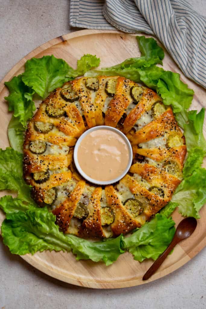 transfer to a serving platter, and serve with sauce of choice in the center. 