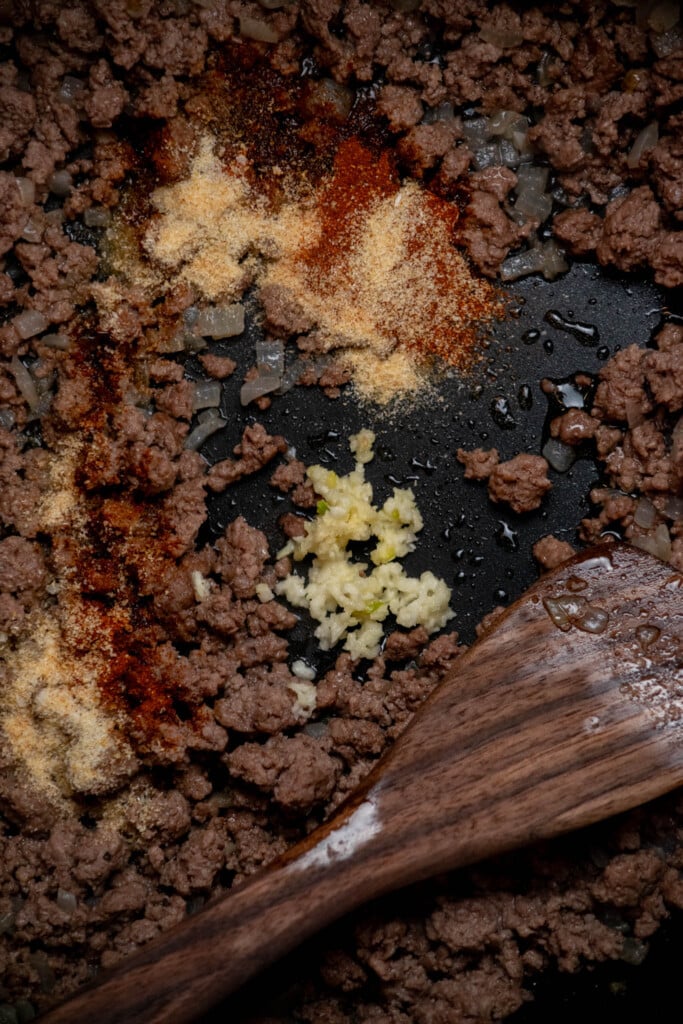 add the seasonings and fresh minced garlic to the pan, stir to combine, and cook  30 seconds, until just fragrant. 