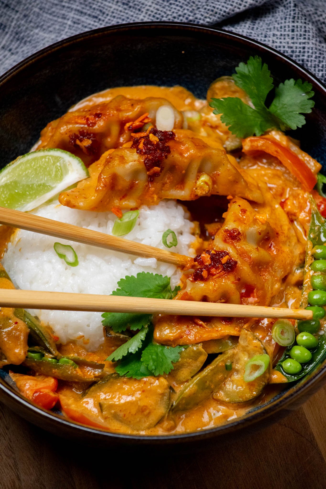 One Pan Dumpling Bake with Snap Peas