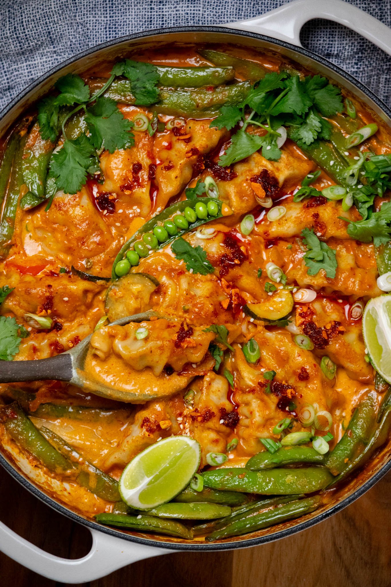 One Pan Dumpling Bake with Snap Peas