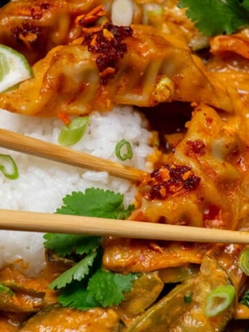 One Pan Dumpling Bake with Snap Peas