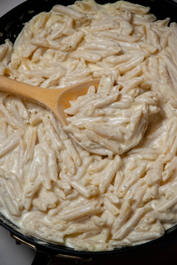 Add a little pasta water at a time, until desired consistency is reached. 