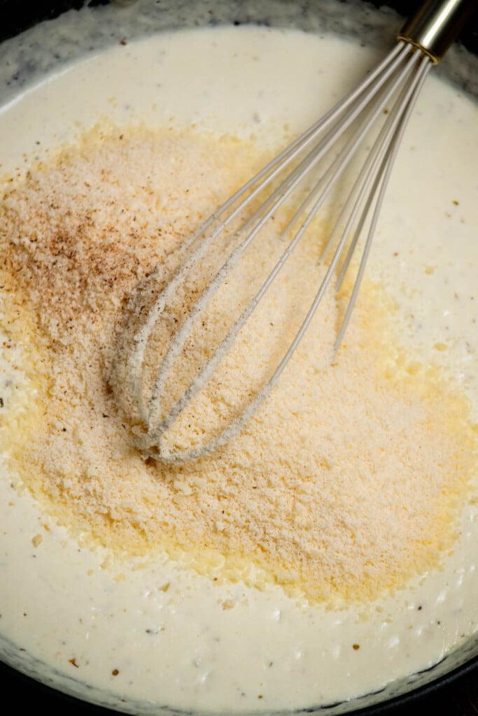 whisk in the parmesan and nutmeg, until fully combined. Cook 2-3 minutes until thickened. 
