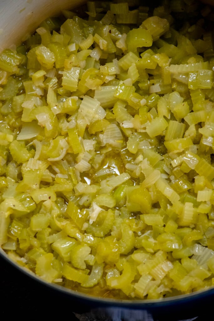 cook uncovered over low heat until you start to hear a light sizzle (about 5-6 minutes), then cover and cook for 25-30 minutes, until celery is well softened, and easily breaks down when pressed with a wooden spoon or spatula